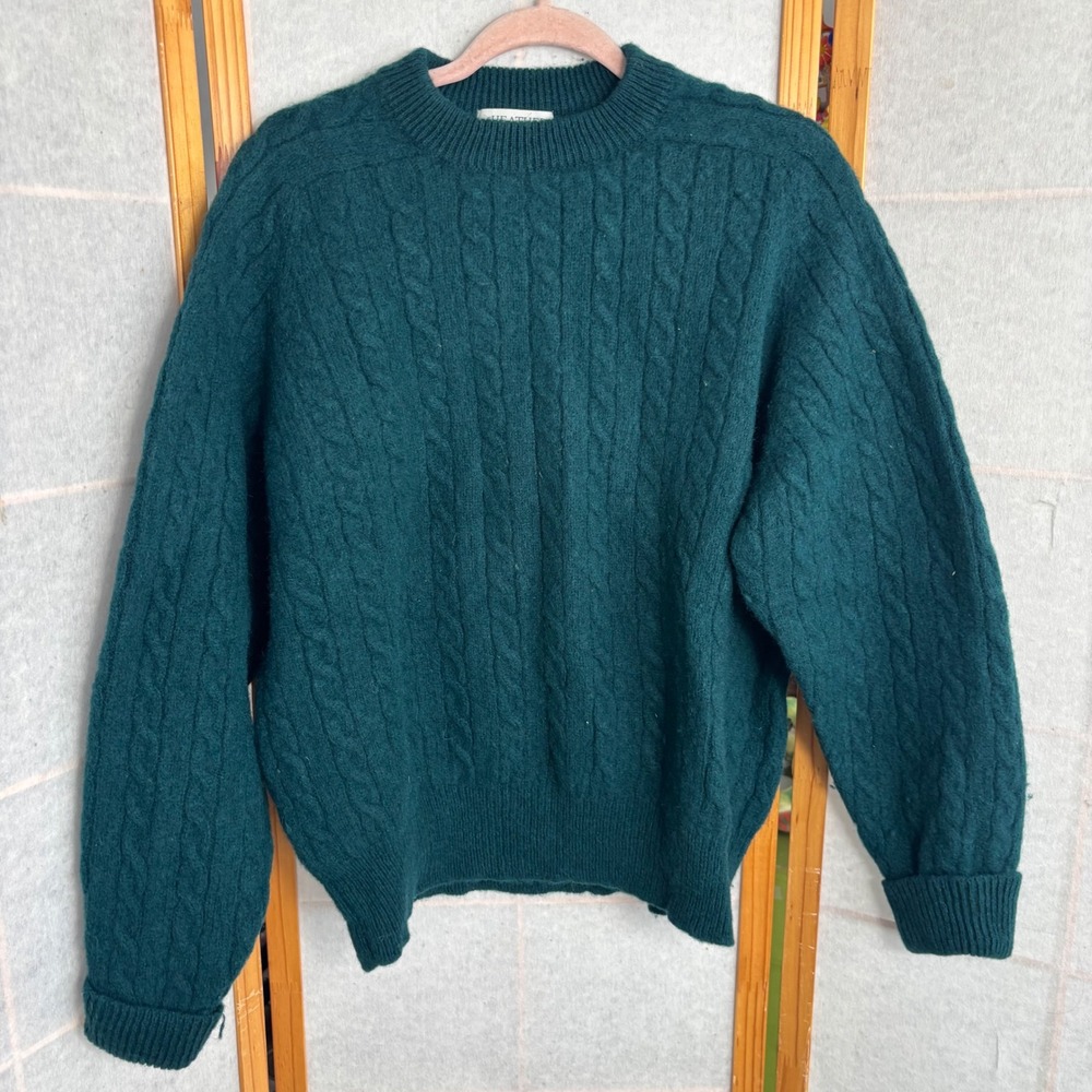 Heather & Tweed Mens XL Shetland‎ Wool Cable Knit Sweater Dk Teal Green Crewneck